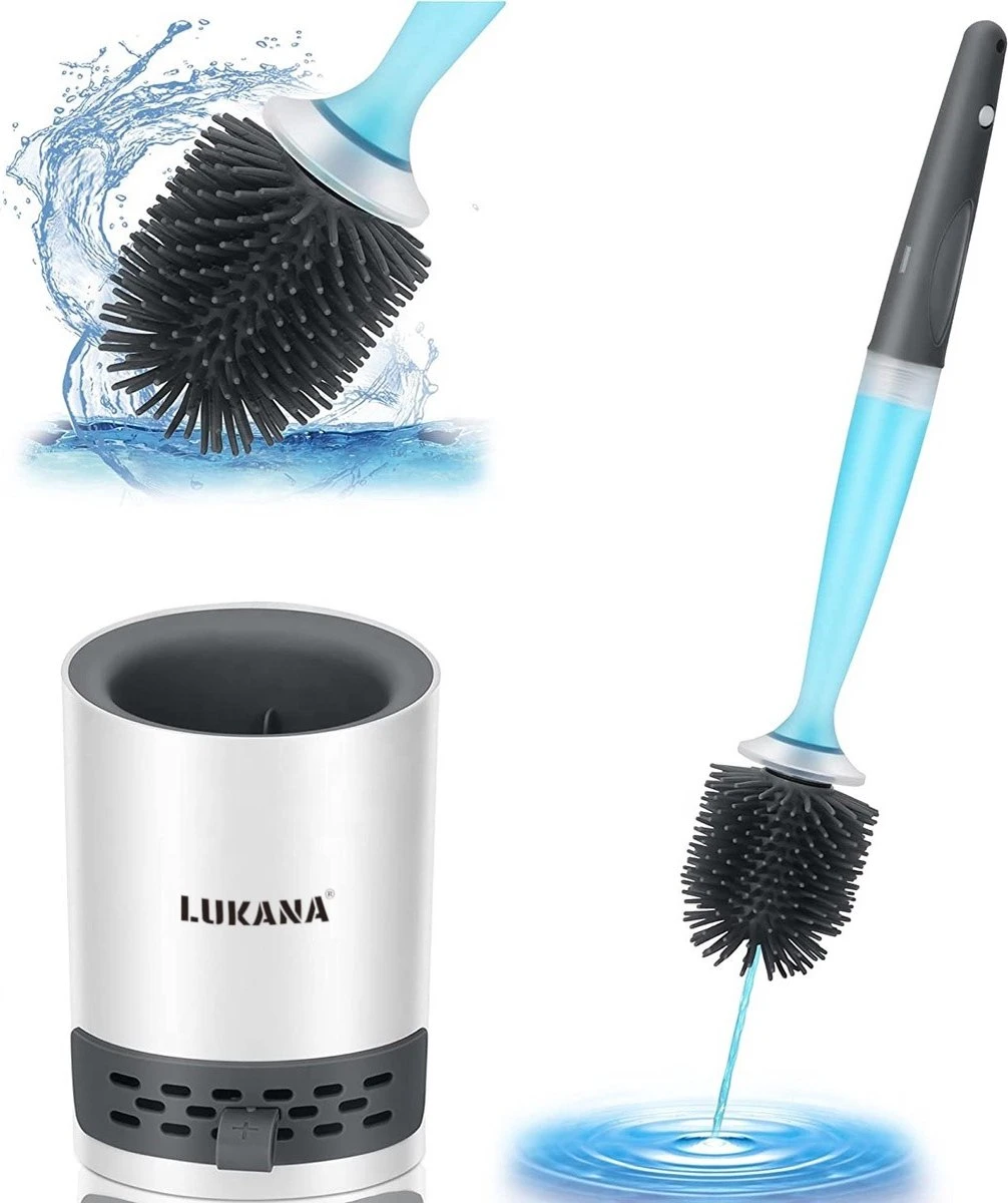 Lukana Siliconen WC Borstel Met Zeepdispenser - Hervulbaar - Vrijstaand Of Hangend - Sneldrogend, Hygiënisch & Antibacteriële Werking - Zonder Boren - Toilet Brush - Toiletborstel Houder - Lekbak