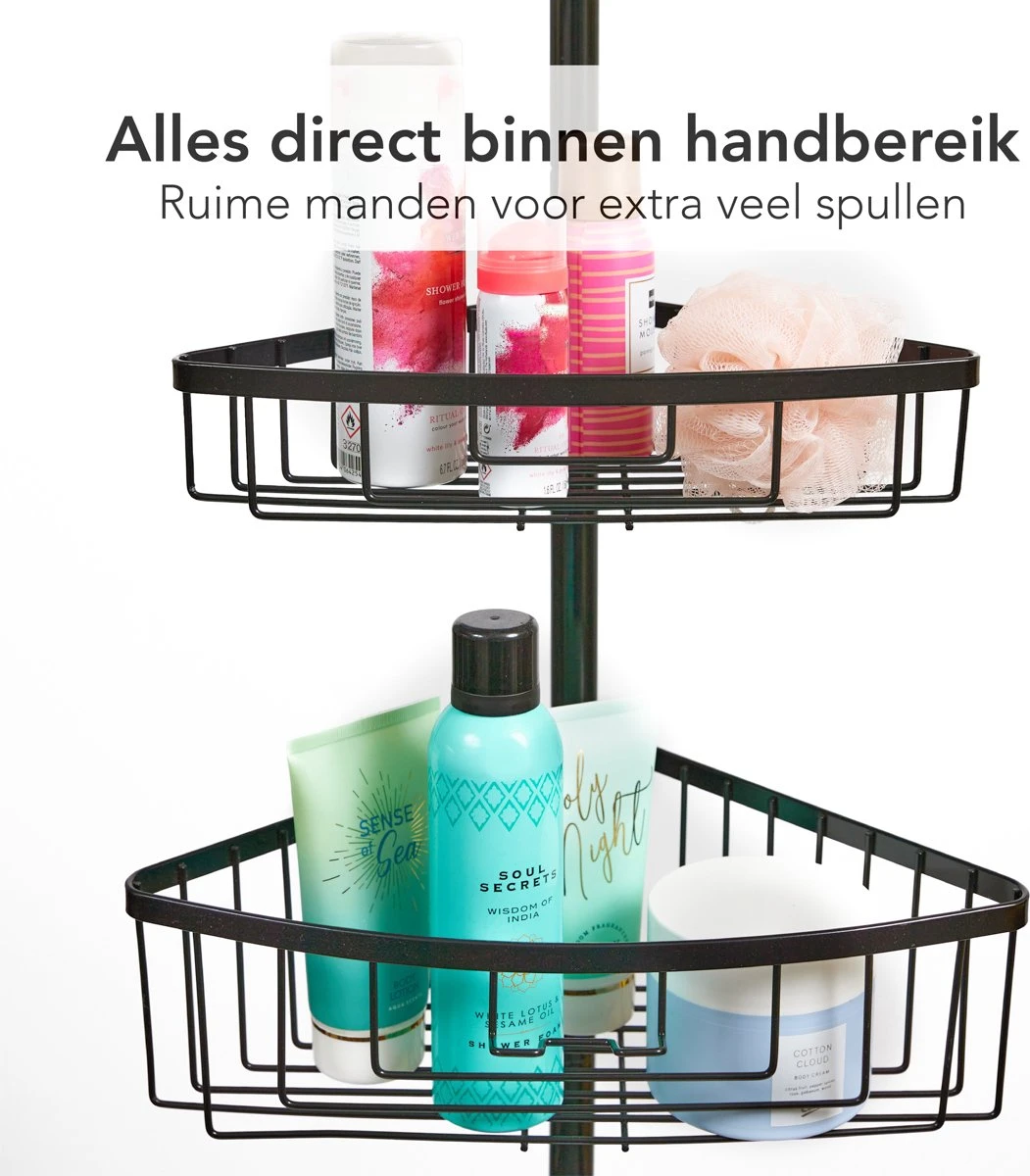 Ogoods Telescopisch Doucherek Inclusief 4 Manden - Zwart - Badkamerrek - Zonder Boren - In Hoogte Verstelbaar - Opbergsysteem - Afbeelding 5