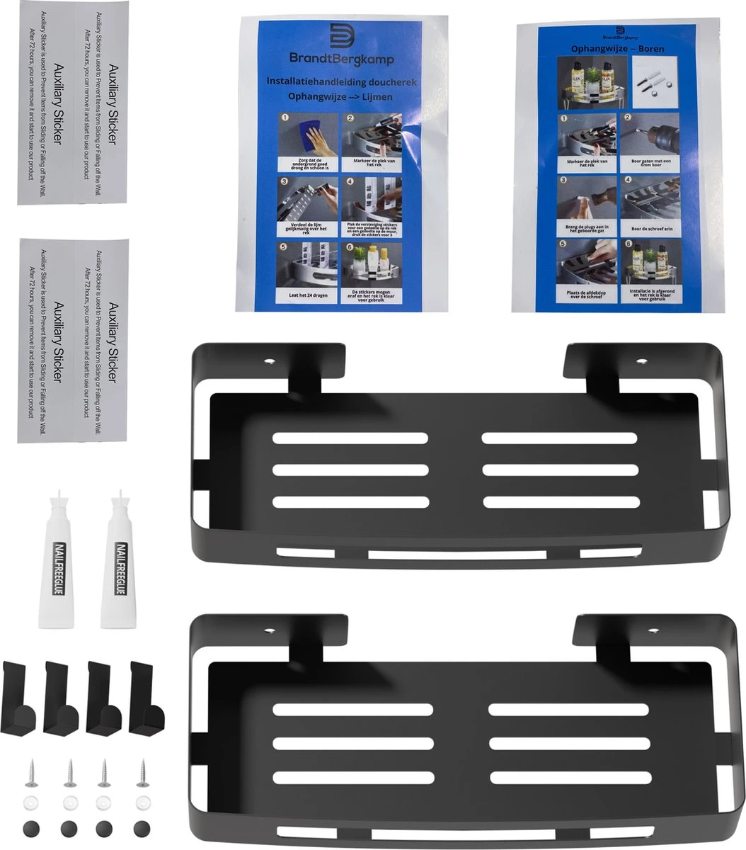 BrandtBergkamp RVS Doucherek 2 Laags – Zonder Boren – Doucherekje Hangend – Badkamerrek Zwart - Afbeelding 5