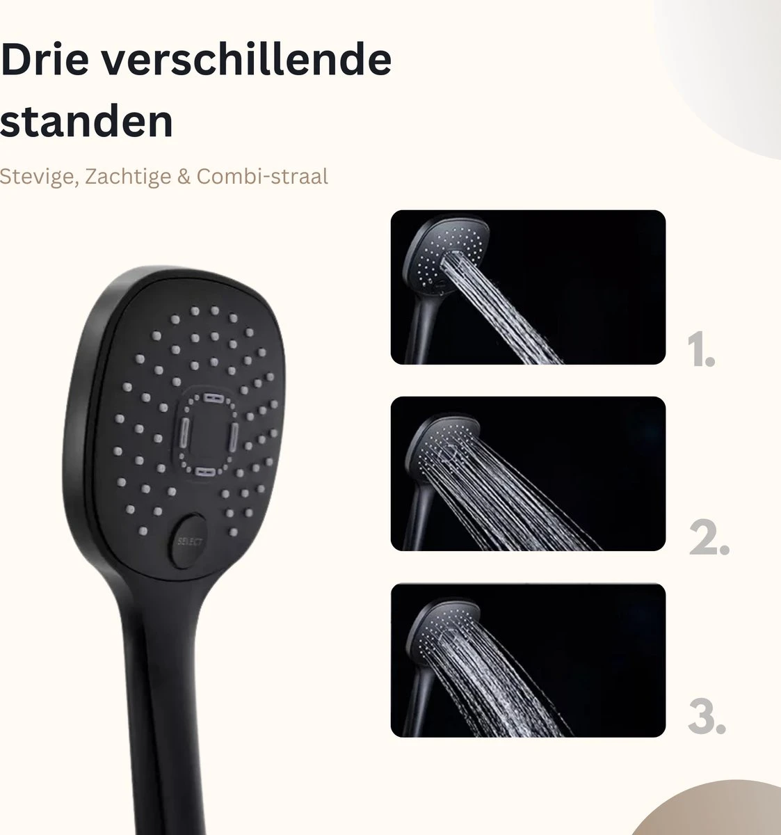 Belliese Doucheset Select - Luxe Douchekop - Doucheslang - Douchekophouder - Douchekop Met Slang - Waterbesparende Douchekop - Badkamer Accessoires - Montage Zonder Boren - 3 Standen - Zwart - Select Knop - Afbeelding 6