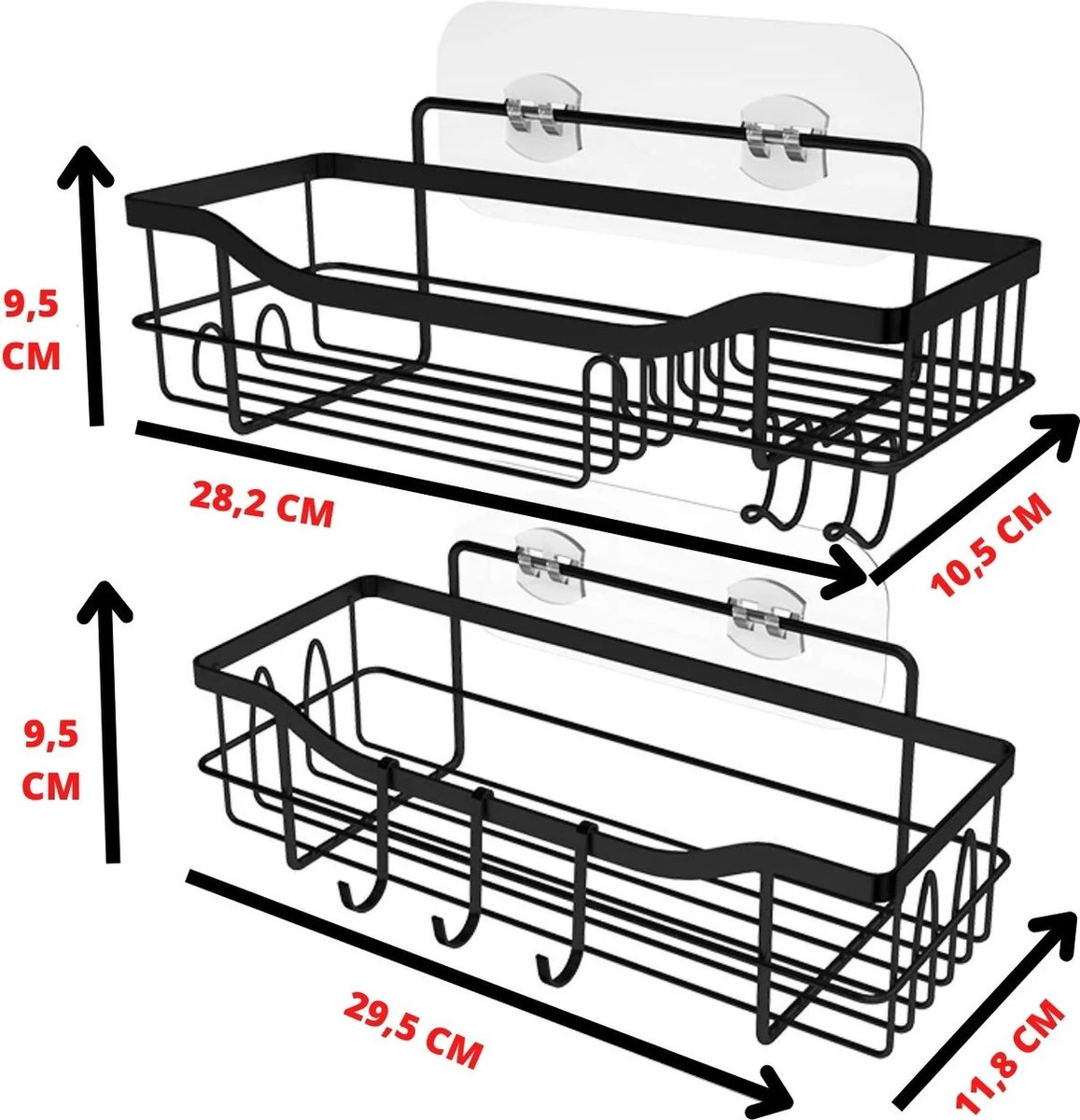 STRICX Doucherek 2 Laags Zwart - Zelfklevend Doucherek Inclusief 3 Ophanghaakjes - Doucherek Voor Badkamer / Keuken - Doucherek Met Plakstrip - Keukenrek Met Plakstrip - Badrek Douche - Kruidenrek Specerijen - Badkamerrek Douchemandje - Afbeelding 2