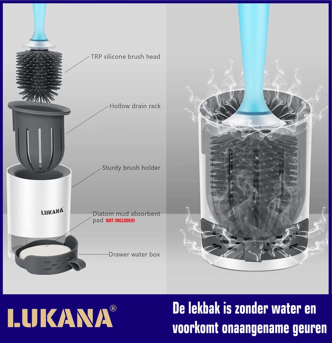 Lukana Siliconen WC Borstel Met Zeepdispenser - Hervulbaar - Vrijstaand Of Hangend - Sneldrogend, Hygiënisch & Antibacteriële Werking - Zonder Boren - Toilet Brush - Toiletborstel Houder - Lekbak - Afbeelding 6