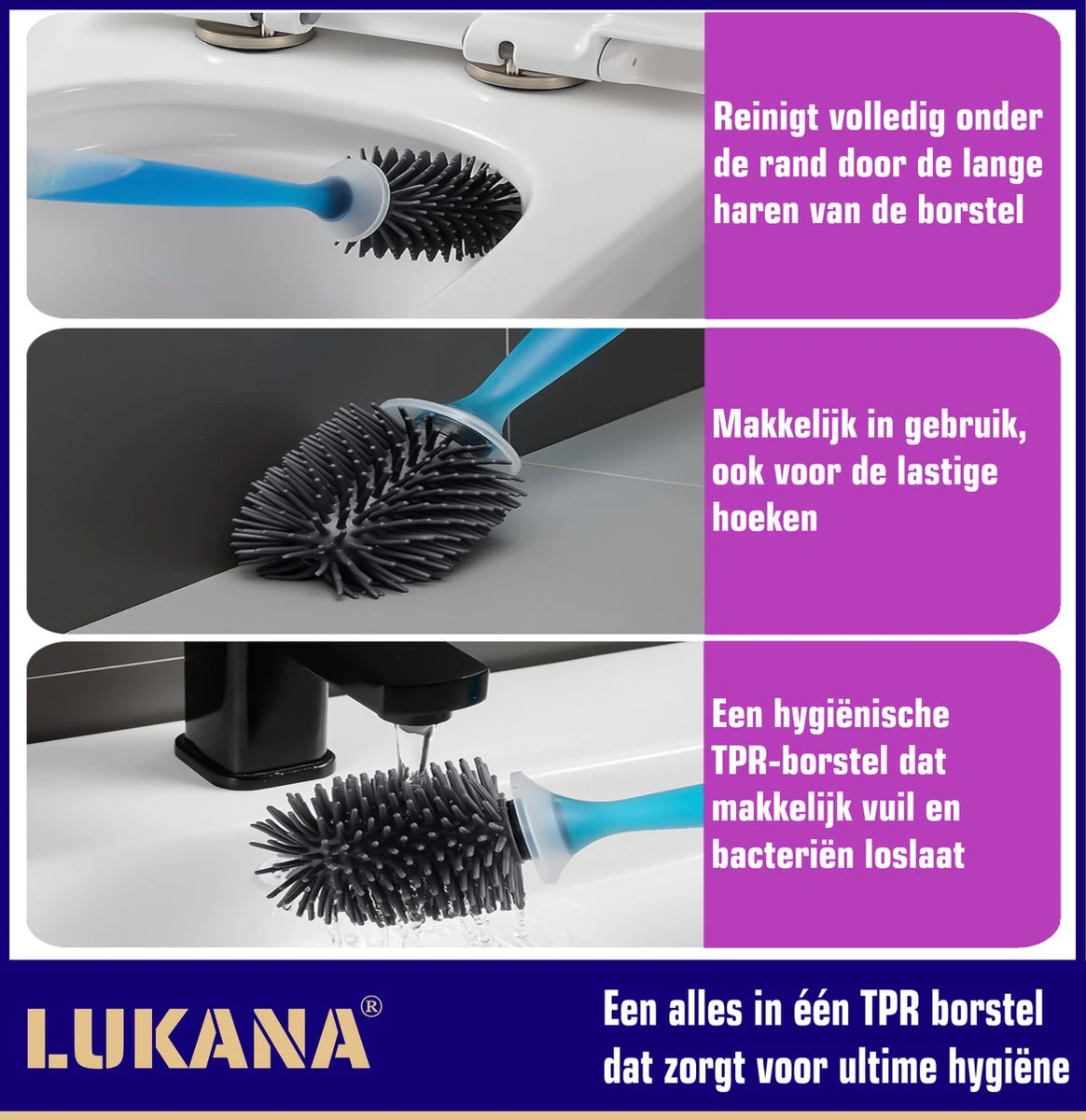 Lukana Siliconen WC Borstel Met Zeepdispenser - Hervulbaar - Vrijstaand Of Hangend - Sneldrogend, Hygiënisch & Antibacteriële Werking - Zonder Boren - Toilet Brush - Toiletborstel Houder - Lekbak - Afbeelding 2