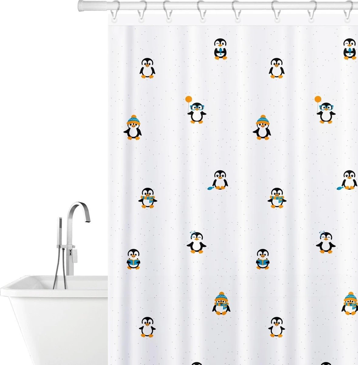 FUNNY PENGUINS - Waterdicht Douchegordijn - Met GRATIS 12 Ringen - Anti-Schimmel Badkamer Gordijn - Wasbaar - 100% Polyester - Pinguins Design - 180X180 CM