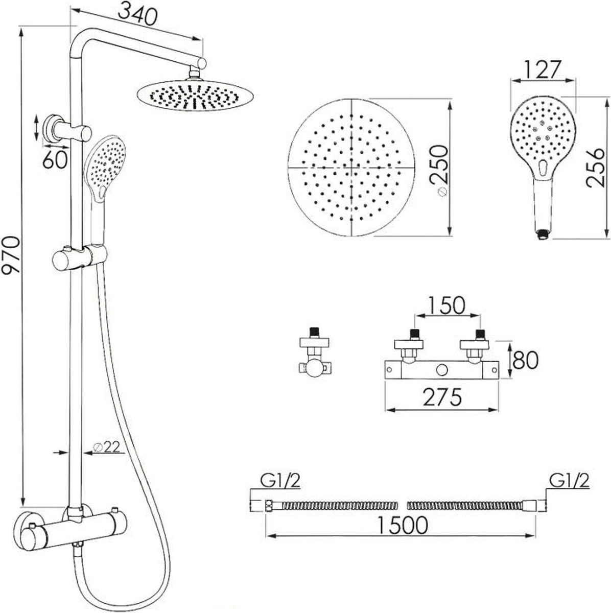 Regendoucheset - Met Thermostaatkraan - 25 Cm - Goud - Afbeelding 2