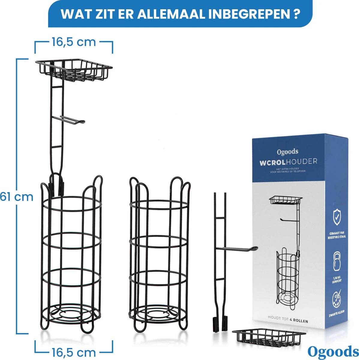 Ogoods Praktische WC Rolhouder – RVS Toiletrolhouder Staand – Rolhouder – Zonder Boren - Toiletrolstandaard - Zwart - Afbeelding 6