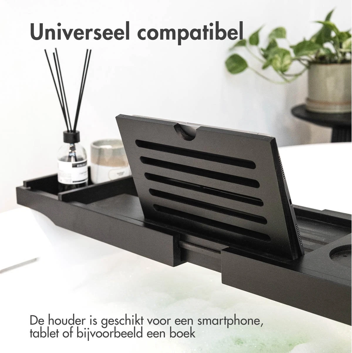 IMoshion Badplank Voor In Bad - Dienblad Inclusief Pootjes - Tablet Houder - Badrek Uitschuifbaar 75 Tot 110 Cm - Zwart - Afbeelding 2