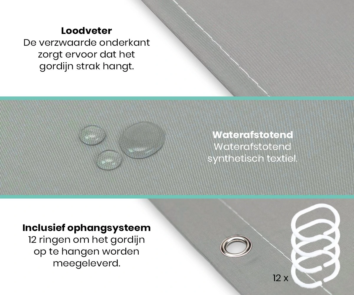 Loti Living Douchegordijn Anti Schimmel – Grijs - Inclusief Ringen – Waterdicht - Polyester - Douchegordijn 180x200 Cm - Afbeelding 2