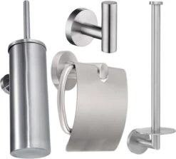 Toiletaccessoireset RVS 4-delig - Luxe Toilet Set - Toiletborstel Met Houder - Toiletrolhouder Met Klep - Reserverolhouder - Handdoekhaak - Zilver - Toiletset