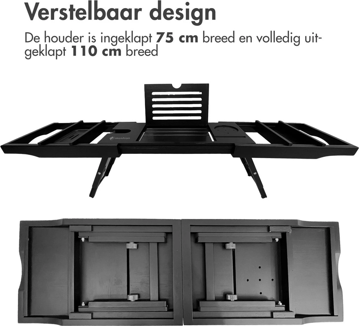 IMoshion Badplank Voor In Bad - Dienblad Inclusief Pootjes - Tablet Houder - Badrek Uitschuifbaar 75 Tot 110 Cm - Zwart - Afbeelding 3