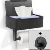 SHATY® WC Rolhouder - Toiletrolhouder - Opbergvak - Bakje - Plankje - Zonder Boren- WC Papier Houder - Toilet Papier Houder - Zwart - Badkameraccessoire - Toiletaccessoire - Inclusief Handoekhaak