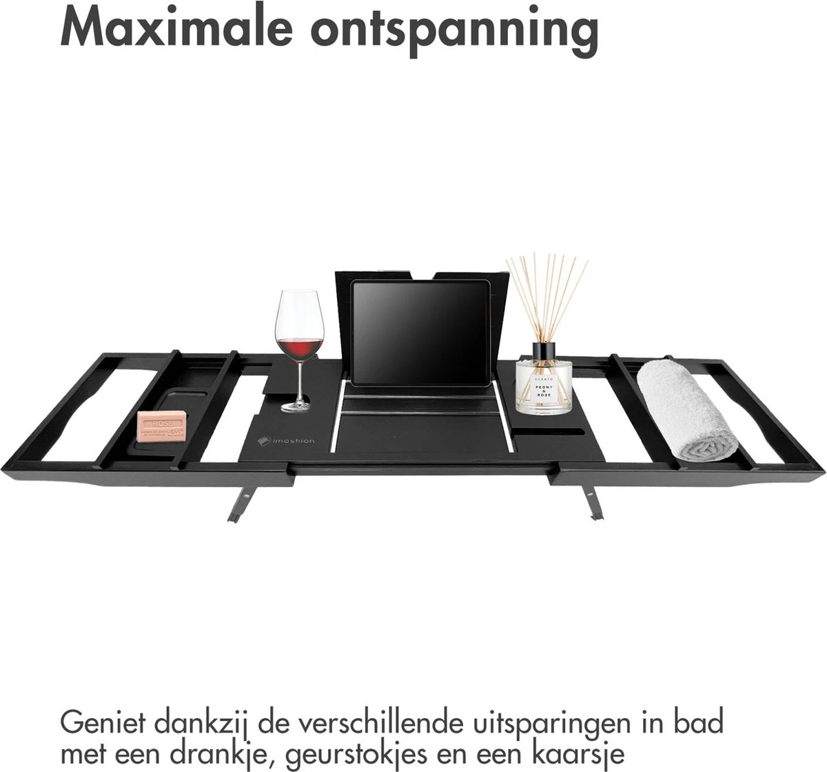 IMoshion Badplank Voor In Bad - Dienblad Inclusief Pootjes - Tablet Houder - Badrek Uitschuifbaar 75 Tot 110 Cm - Zwart - Afbeelding 5