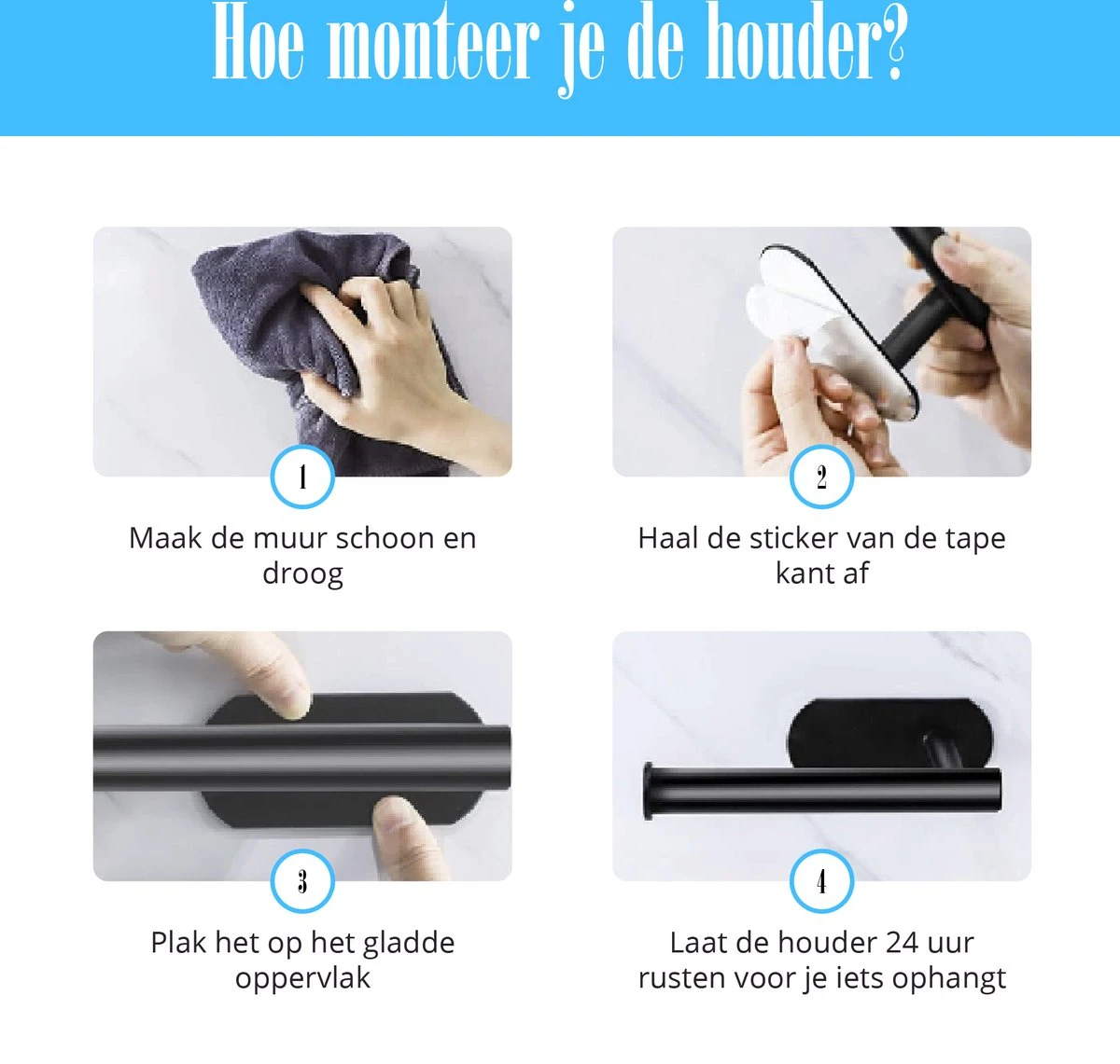 Flusive Toiletrolhouder Met 4 Handdoekhaakjes - Wc Rolhouder - Zelfklevend Zonder Boren - RVS - Zwart - Afbeelding 6