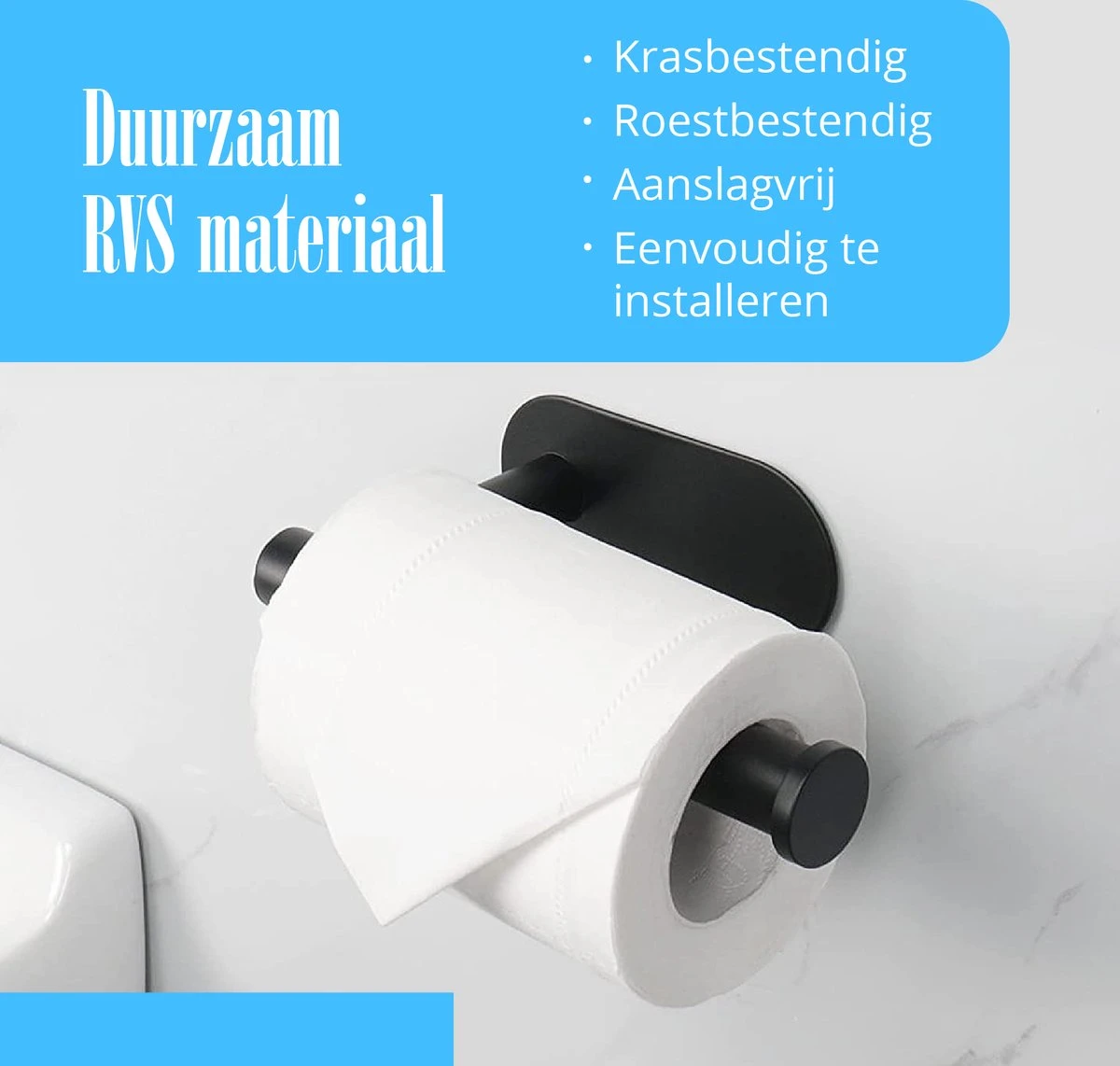 Flusive Toiletrolhouder Met 4 Handdoekhaakjes - Wc Rolhouder - Zelfklevend Zonder Boren - RVS - Zwart - Afbeelding 4