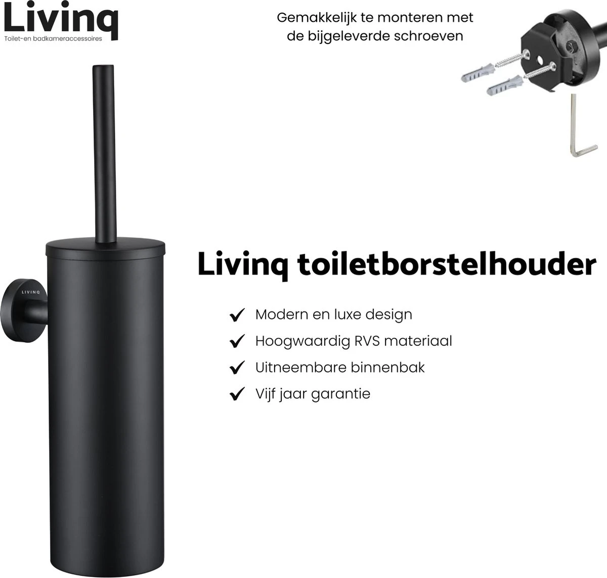 Toiletaccessoireset Zwart 3-delig - Luxe Toilet Set - Toiletborstel Met Houder - Toiletrolhouder Met Klep - Handdoekhaak - Afbeelding 2