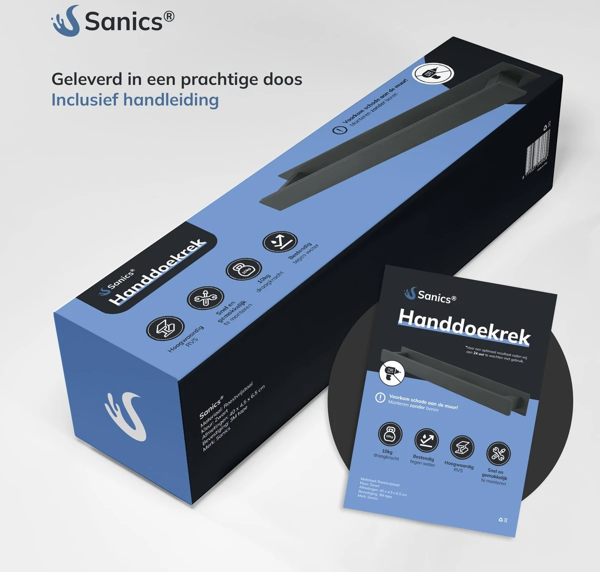 Sanics Handdoekrek Zwart 40 CM – Badkamer Of Keuken – Handdoekstang Zelfklevend – Handdoekhouder - Afbeelding 10