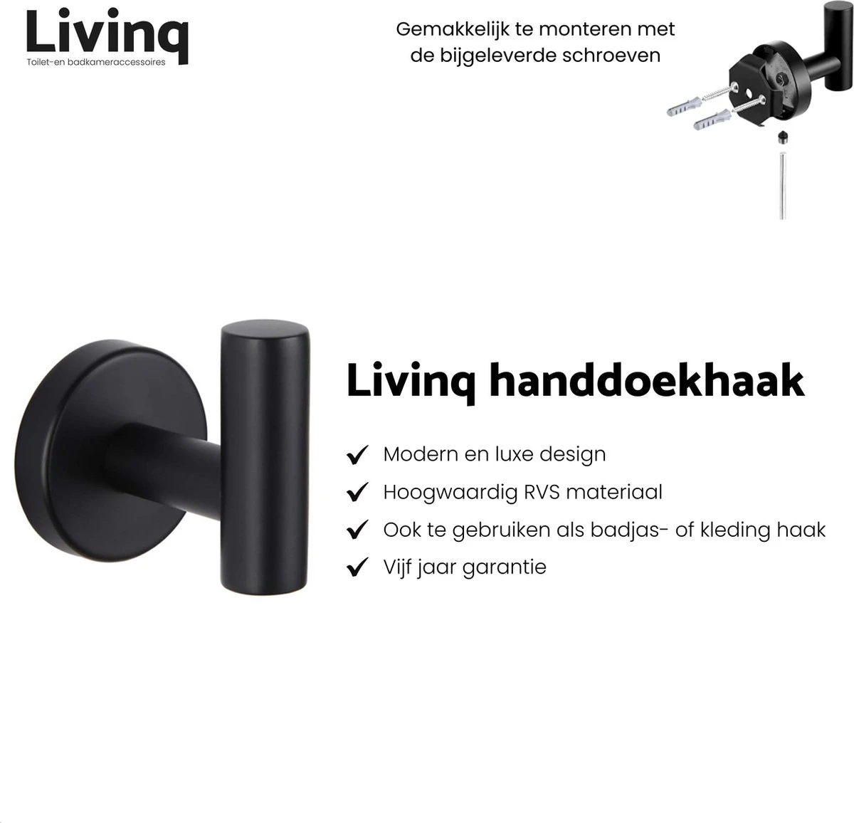 Toiletaccessoireset Zwart 3-delig - Luxe Toilet Set - Toiletborstel Met Houder - Toiletrolhouder Met Klep - Handdoekhaak - Afbeelding 3