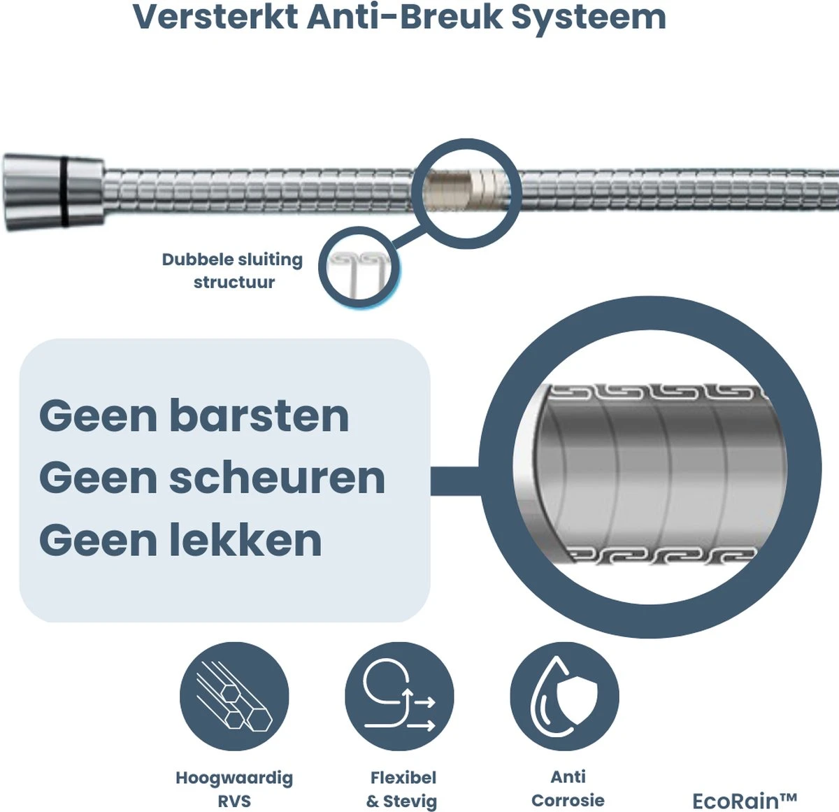EcoRain – Universele Doucheslang 1.5 Meter – 150 Cm – Anti Lek – G ½ 1/2" - Draaiaansluiting – Waterkraan Slang - Chroom - Afbeelding 4