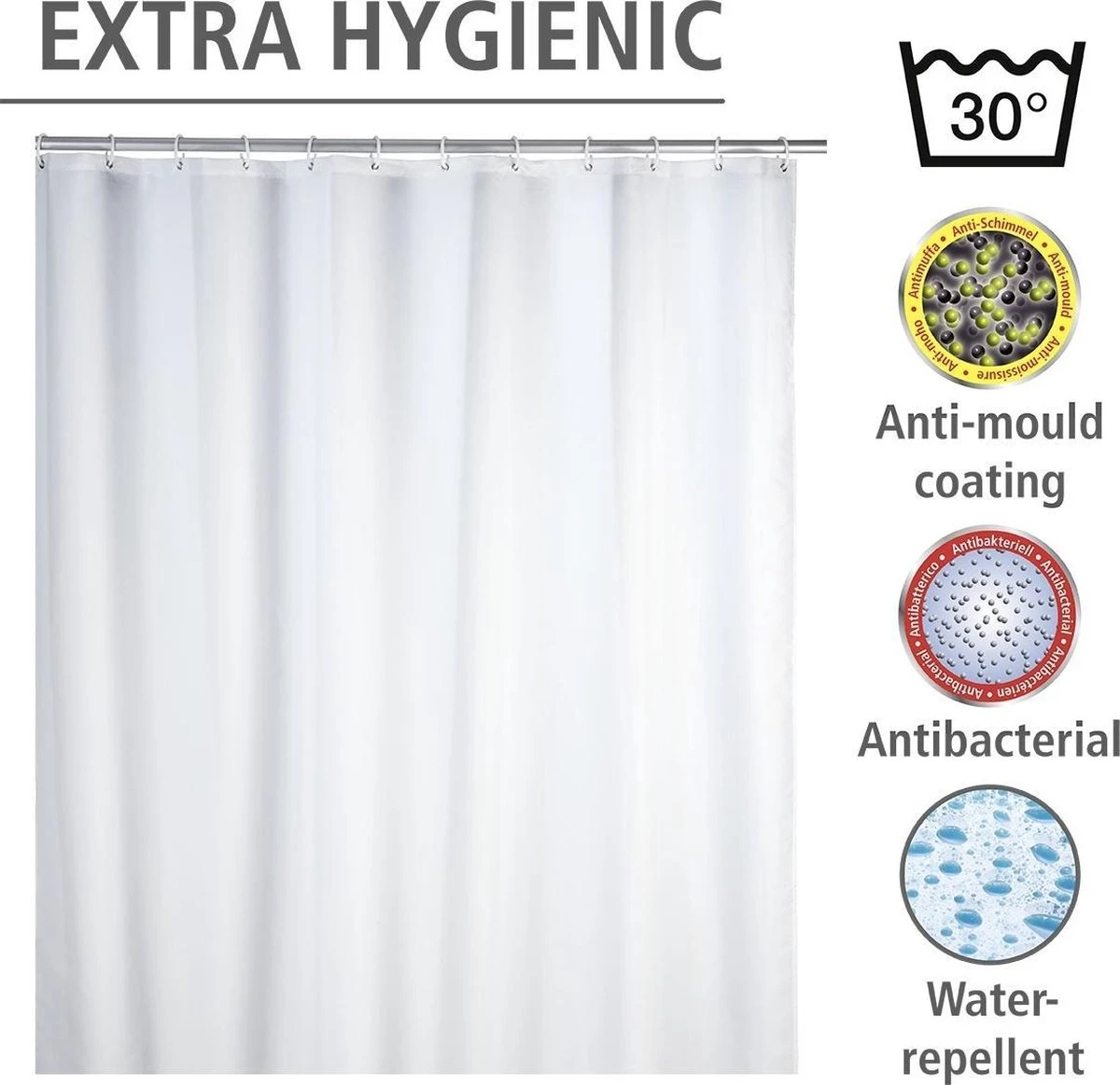 WENKO Anti-schimmel Douchegordijn Uni Wit 180x200cm Polyester Inclusief Ophangringen - Afbeelding 2
