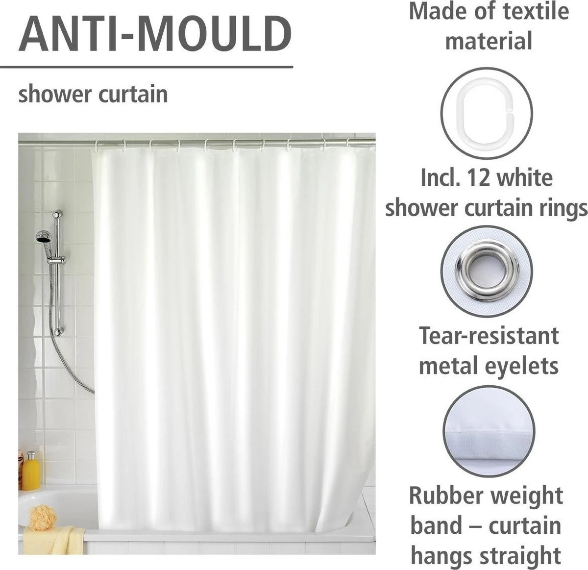 WENKO Anti-schimmel Douchegordijn Uni Wit 180x200cm Polyester Inclusief Ophangringen - Afbeelding 3