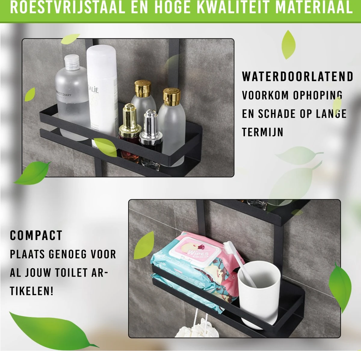 Doucherek Zonder Boren Inclusief Douchewisser - Aan Douchewand - Zwart - Ophangbaar - Zuignap - 2 Laags - Wiper - Shower Rack - Valentijnsdag Cadeau - Afbeelding 6