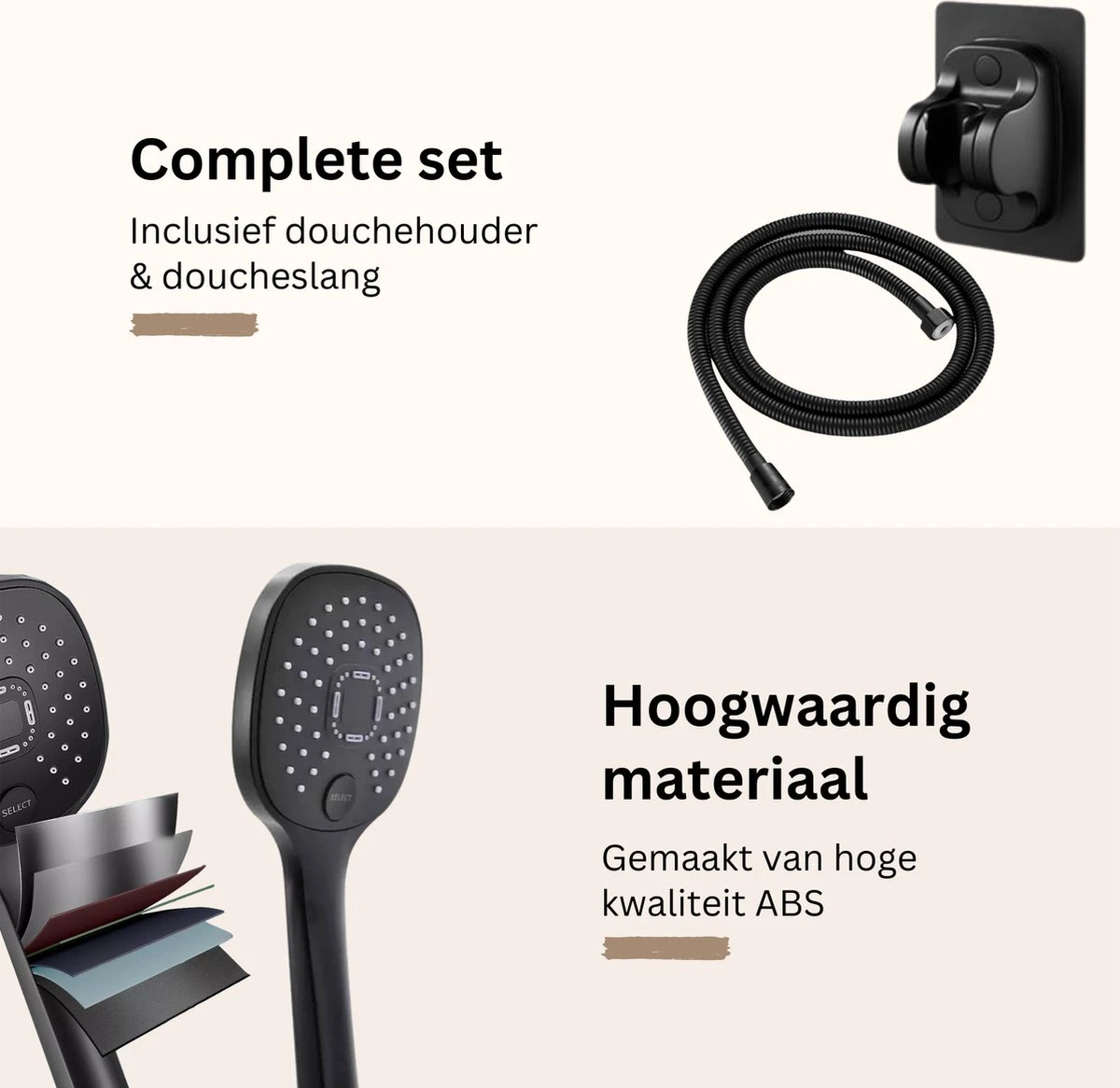 Belliese Doucheset Select - Luxe Douchekop - Doucheslang - Douchekophouder - Douchekop Met Slang - Waterbesparende Douchekop - Badkamer Accessoires - Montage Zonder Boren - 3 Standen - Zwart - Select Knop - Afbeelding 2