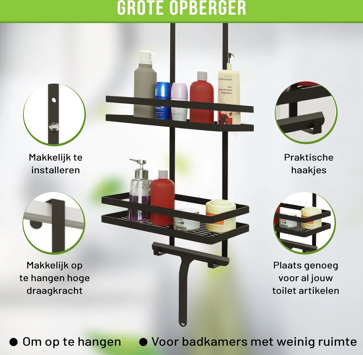 Doucherek Zonder Boren Inclusief Douchewisser - Aan Douchewand - Zwart - Ophangbaar - Zuignap - 2 Laags - Wiper - Shower Rack - Valentijnsdag Cadeau - Afbeelding 8