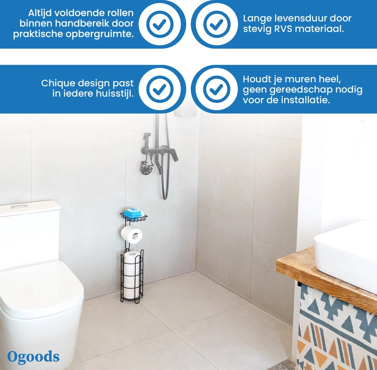 Ogoods Praktische WC Rolhouder – RVS Toiletrolhouder Staand – Rolhouder – Zonder Boren - Toiletrolstandaard - Zwart - Afbeelding 5