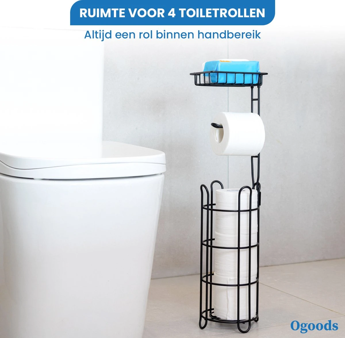 Ogoods Praktische WC Rolhouder – RVS Toiletrolhouder Staand – Rolhouder – Zonder Boren - Toiletrolstandaard - Zwart - Afbeelding 2