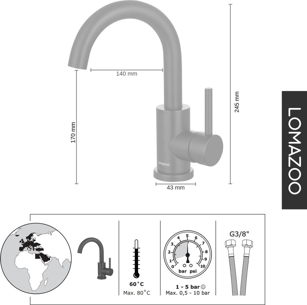 LOMAZOO Wastafelkraan Zwart Styx - Zwarte Wastafelkraan - Badkamerkraan Zwart - Zwarte Badkamerkraan - Afbeelding 2