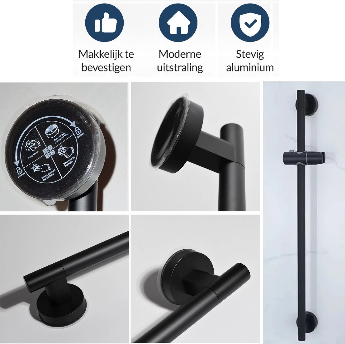 Moodcare® Glijstang - Douche Glijstang - 70 Cm - Mat Zwart - Zonder Boren - Afbeelding 3