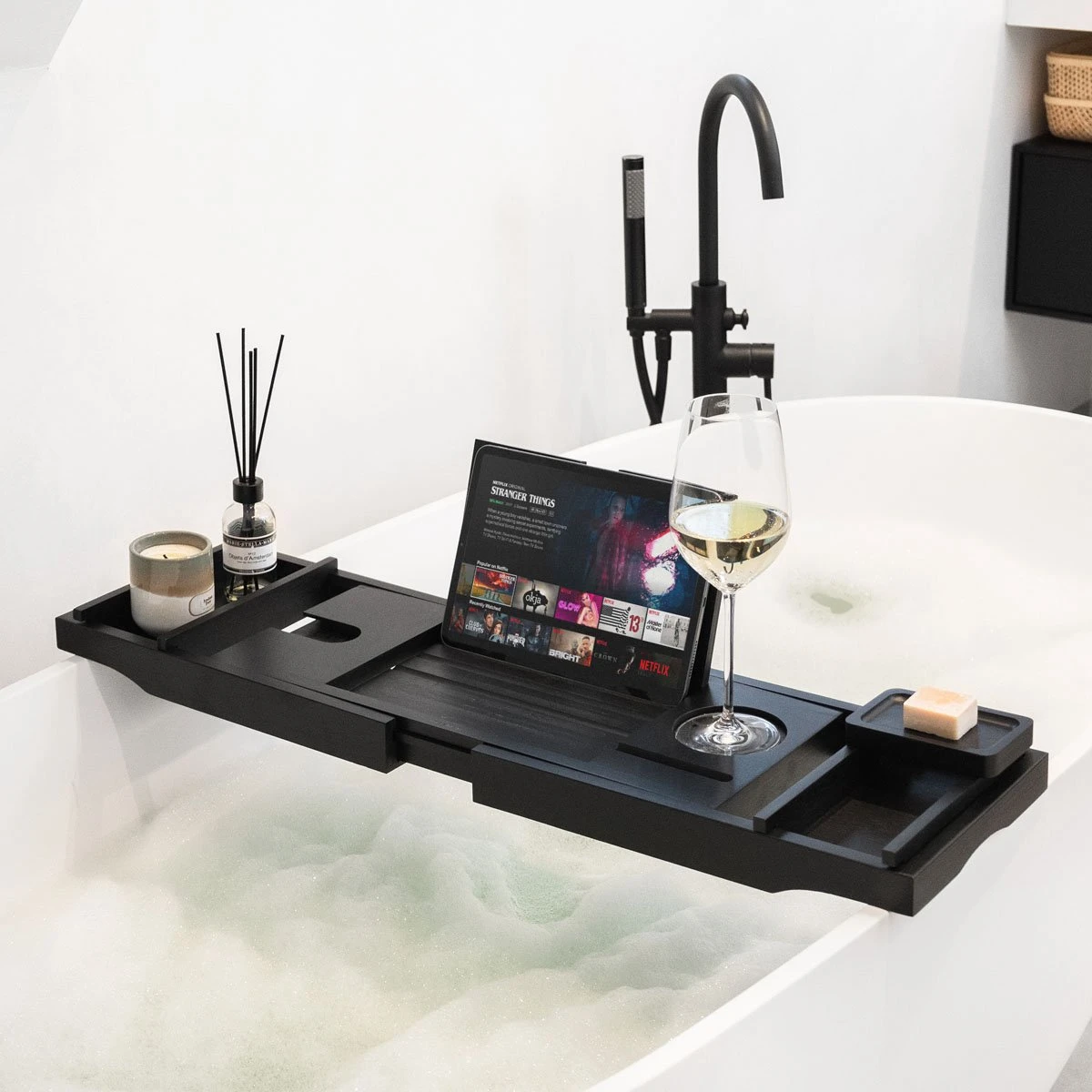 IMoshion Badplank Voor In Bad - Dienblad Inclusief Pootjes - Tablet Houder - Badrek Uitschuifbaar 75 Tot 110 Cm - Zwart - Afbeelding 7