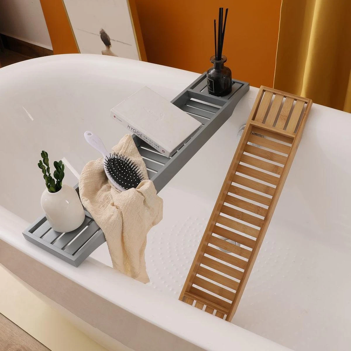 Merkloos Decopatent® Badrekje Voor Over Bad - 70 Cm - Bamboe Hout - Badrek - Badplank - Badbrug - Basic Bad Tafeltje Voor In Bad - Naturel - Afbeelding 5