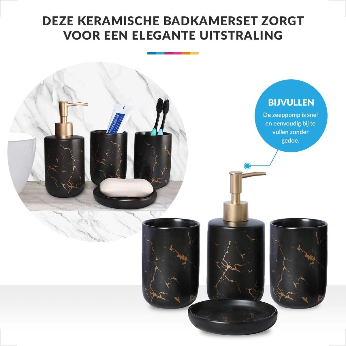 Badkamer Accessoires Set – Tandenborstelhouder –Zeeppompje Zeepbakje – Keramiek Met Marmer Design – Zwart - Afbeelding 5