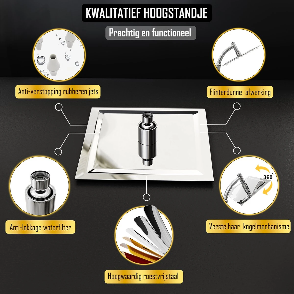 Regendouchekop Deluxe - ø 35CM - Douchekop Met Doucheslang En Douchekophouder - RVS - Afbeelding 4