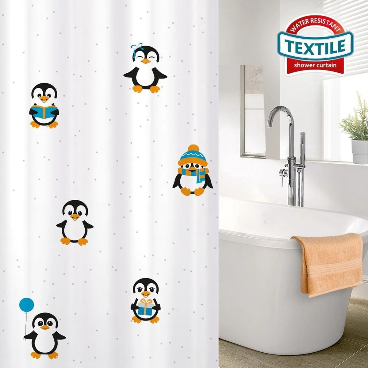 FUNNY PENGUINS - Waterdicht Douchegordijn - Met GRATIS 12 Ringen - Anti-Schimmel Badkamer Gordijn - Wasbaar - 100% Polyester - Pinguins Design - 180X180 CM - Afbeelding 5