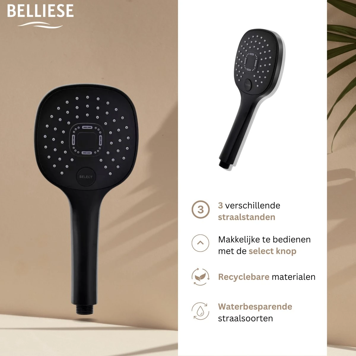 Belliese Doucheset Select - Luxe Douchekop - Doucheslang - Douchekophouder - Douchekop Met Slang - Waterbesparende Douchekop - Badkamer Accessoires - Montage Zonder Boren - 3 Standen - Zwart - Select Knop - Afbeelding 7