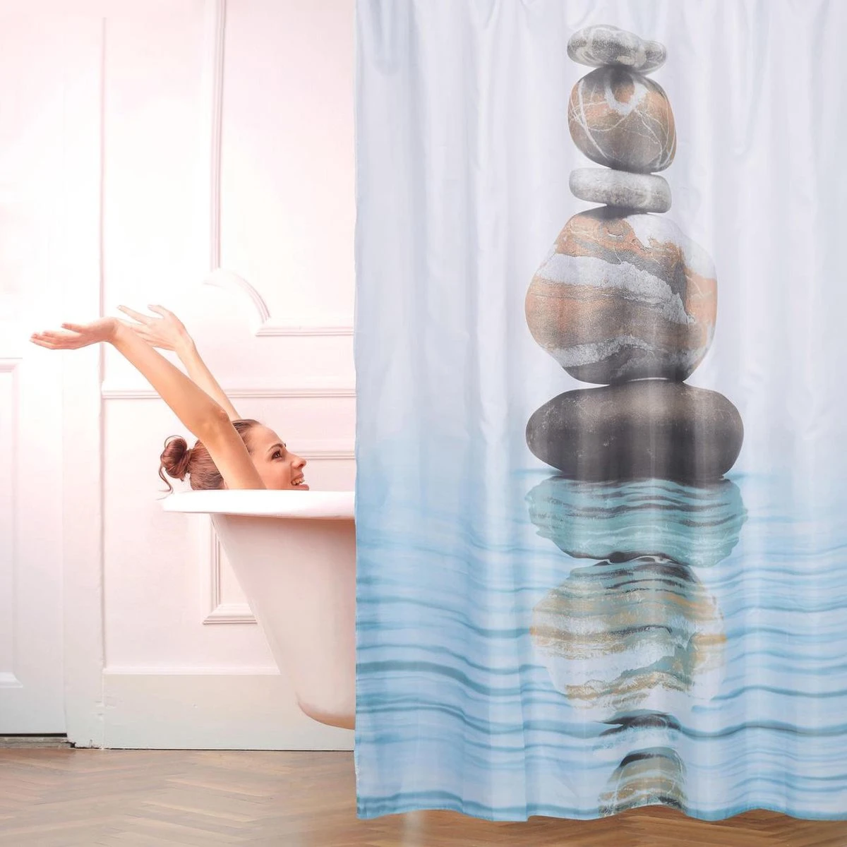 Relaxdays Douchegordijn Stenen Water 180 X 180 Cm - Anti-schimmel Badkamer Gordijn - Bad - Afbeelding 2