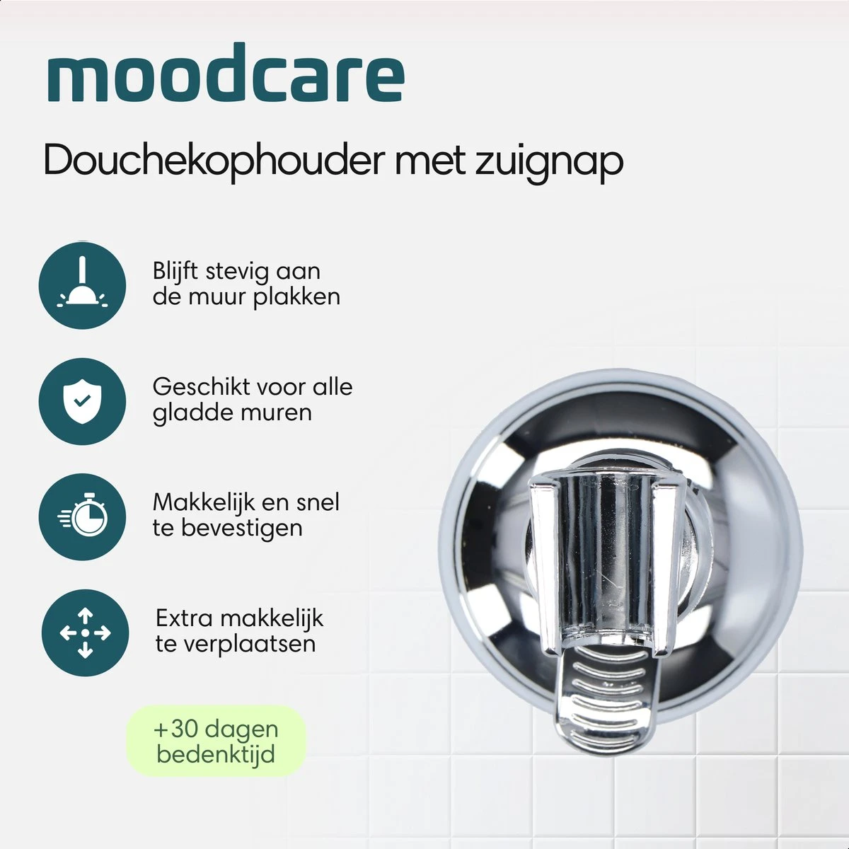 Moodcare® Verplaatsbare Douchekophouder Zelfklevend - Chroom – Douchekop Houder Zonder Boren – Wandhouder Douchekop Zuignap - Afbeelding 2
