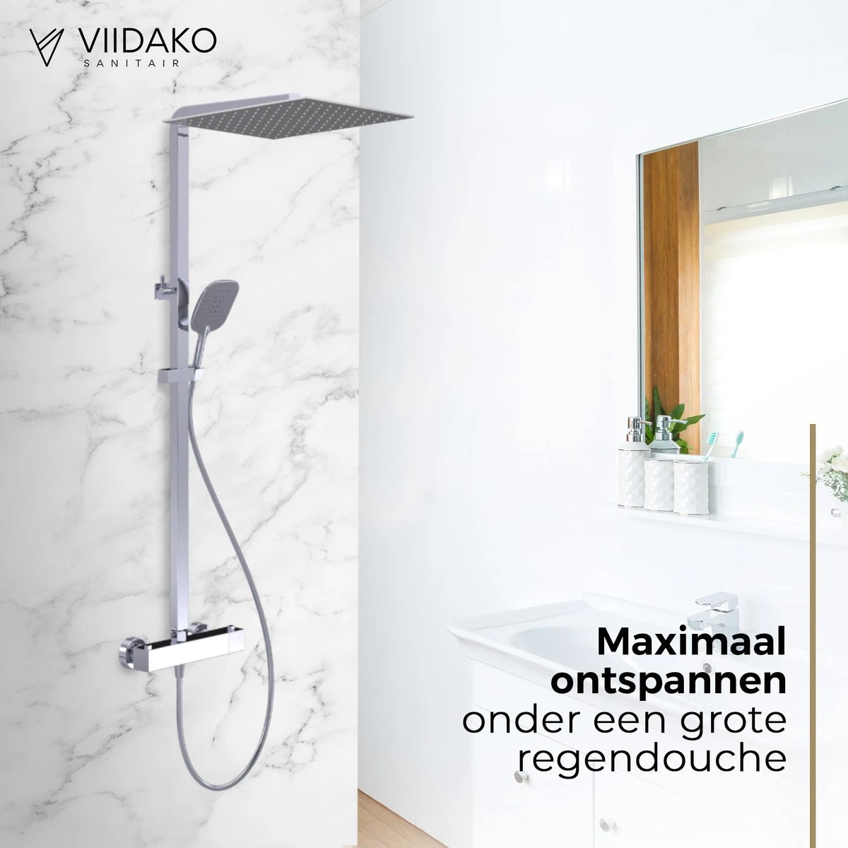 Viidako Kimii Doucheset Opbouw Compleet – Chroom – Vierkant - Sedal Binnenwerk -Thermostaatkraan – Zeer Goede Kwaliteit – RVS, ABS En Messing – Design - Afbeelding 2