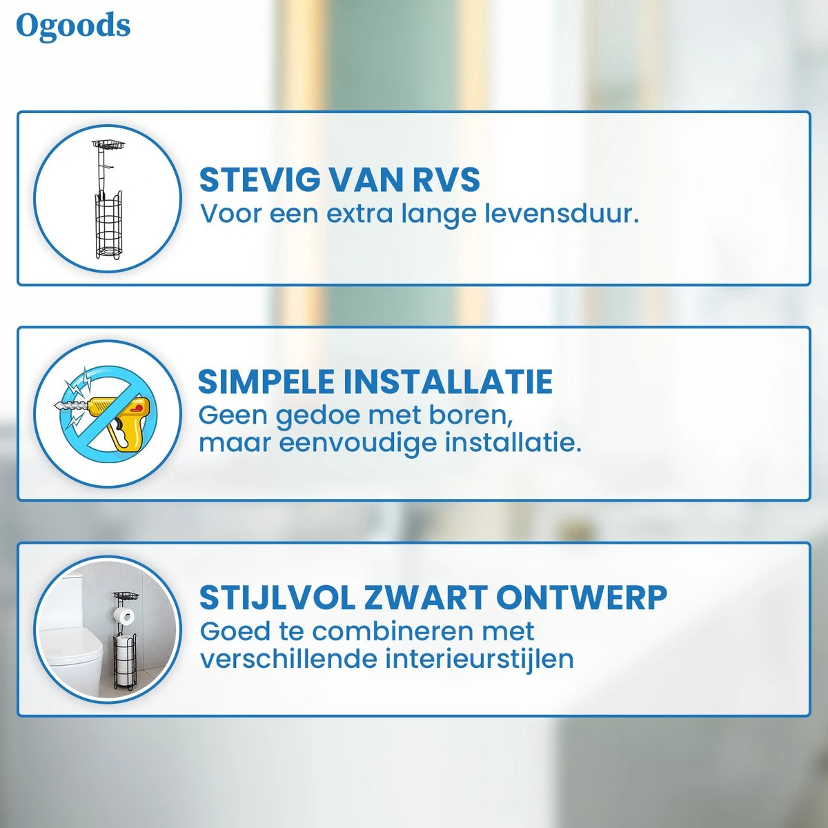 Ogoods Praktische WC Rolhouder – RVS Toiletrolhouder Staand – Rolhouder – Zonder Boren - Toiletrolstandaard - Zwart - Afbeelding 3