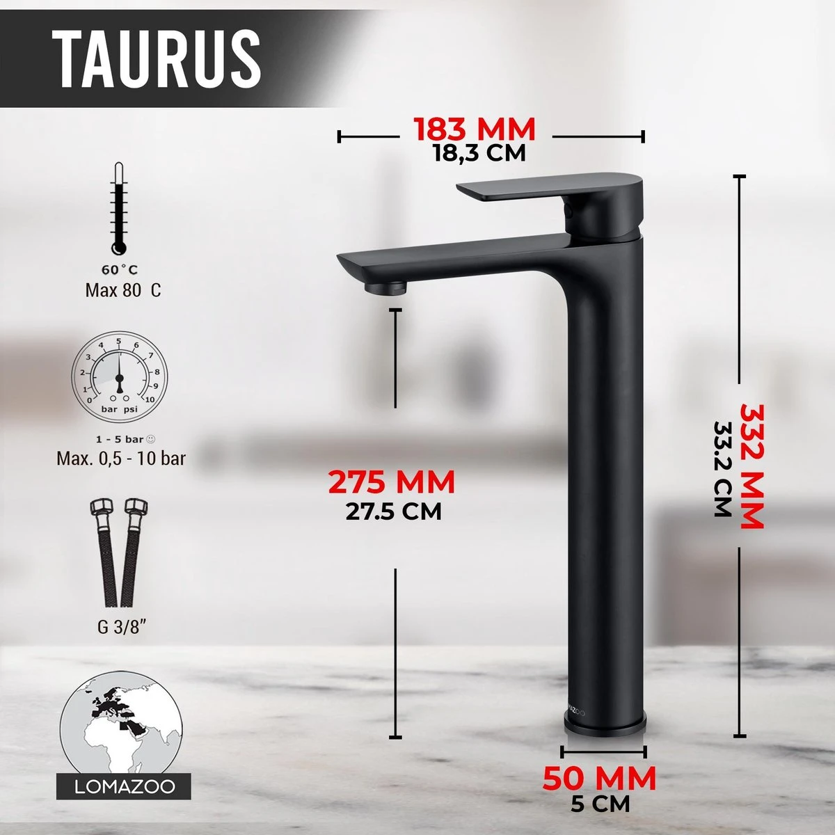 LOMAZOO Wastafelkraan Zwart Taurus - Kraan Wastafel - Kraan Badkamer - Badkamerkraan Zwart - Afbeelding 2