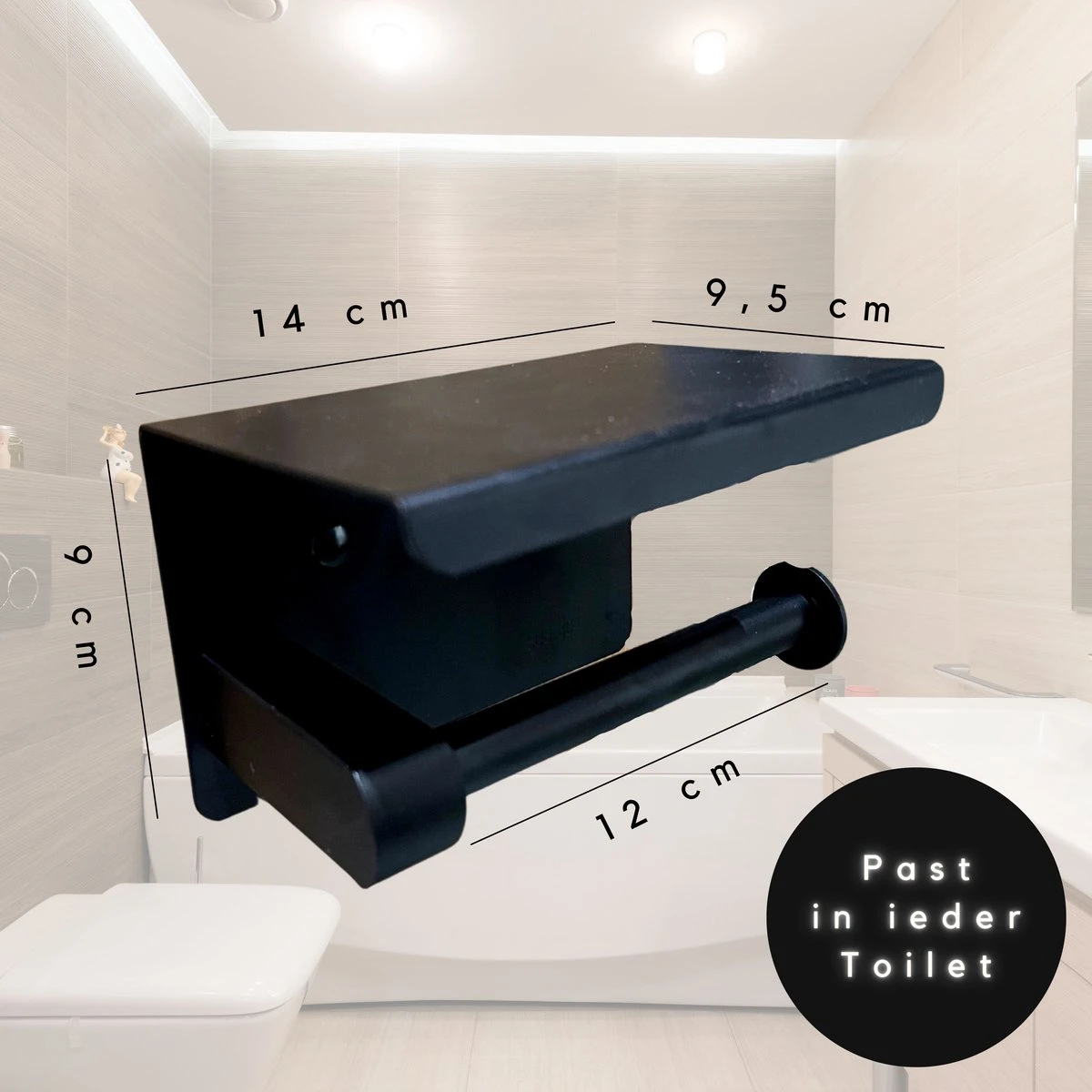 WC Rolhouder - Zelfklevend Toiletrolhouder Met Plankje - WC Papier Houder Zonder Boren - WC Rolhouder Met Plankje - Toiletrolhouder - Toiletrolhouder Zwart - Fienosa - Afbeelding 2