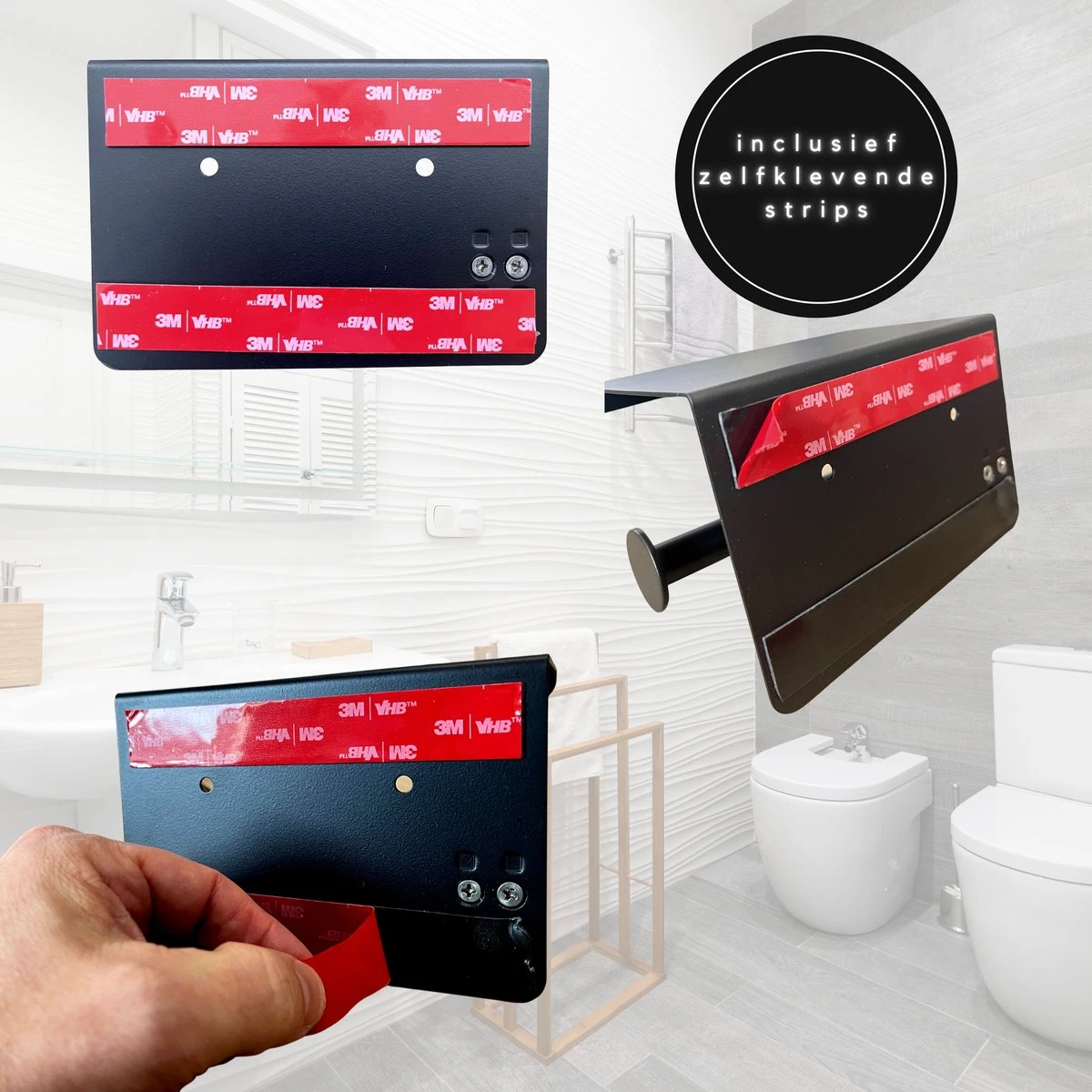 WC Rolhouder - Zelfklevend Toiletrolhouder Met Plankje - WC Papier Houder Zonder Boren - WC Rolhouder Met Plankje - Toiletrolhouder - Toiletrolhouder Zwart - Fienosa - Afbeelding 3