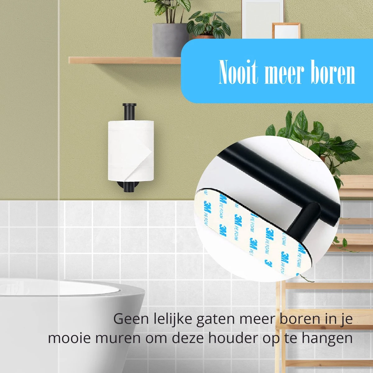 Flusive Toiletrolhouder Met 4 Handdoekhaakjes - Wc Rolhouder - Zelfklevend Zonder Boren - RVS - Zwart - Afbeelding 3