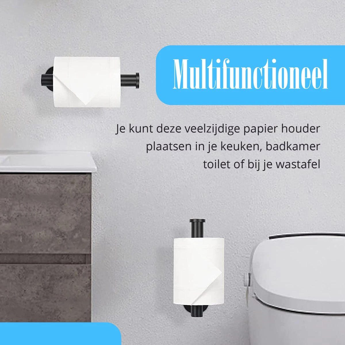 Flusive Toiletrolhouder Met 4 Handdoekhaakjes - Wc Rolhouder - Zelfklevend Zonder Boren - RVS - Zwart - Afbeelding 7