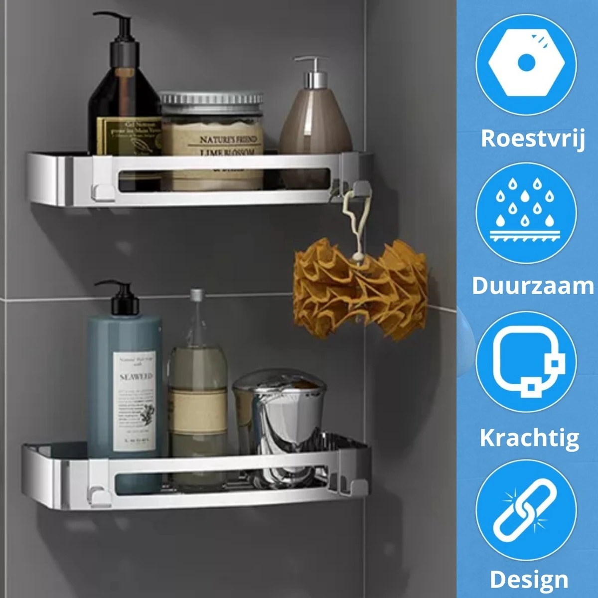 BrandtBergkamp RVS Doucherek 2 Laags – Zonder Boren – Doucherekje Hangend – Badkamerrek Zilver - Afbeelding 6