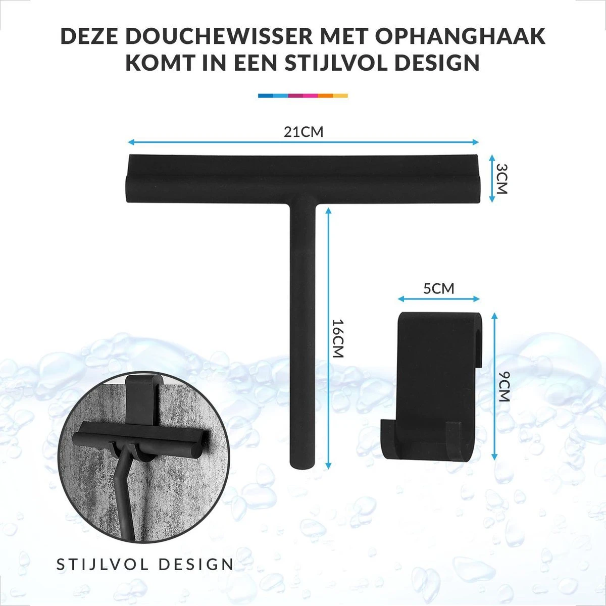 Douchewisser Met Ophanghaak – Trekker Douche – Douchetrekker Voor Badkamer – Raamwisser Douche – Zwart - Afbeelding 5