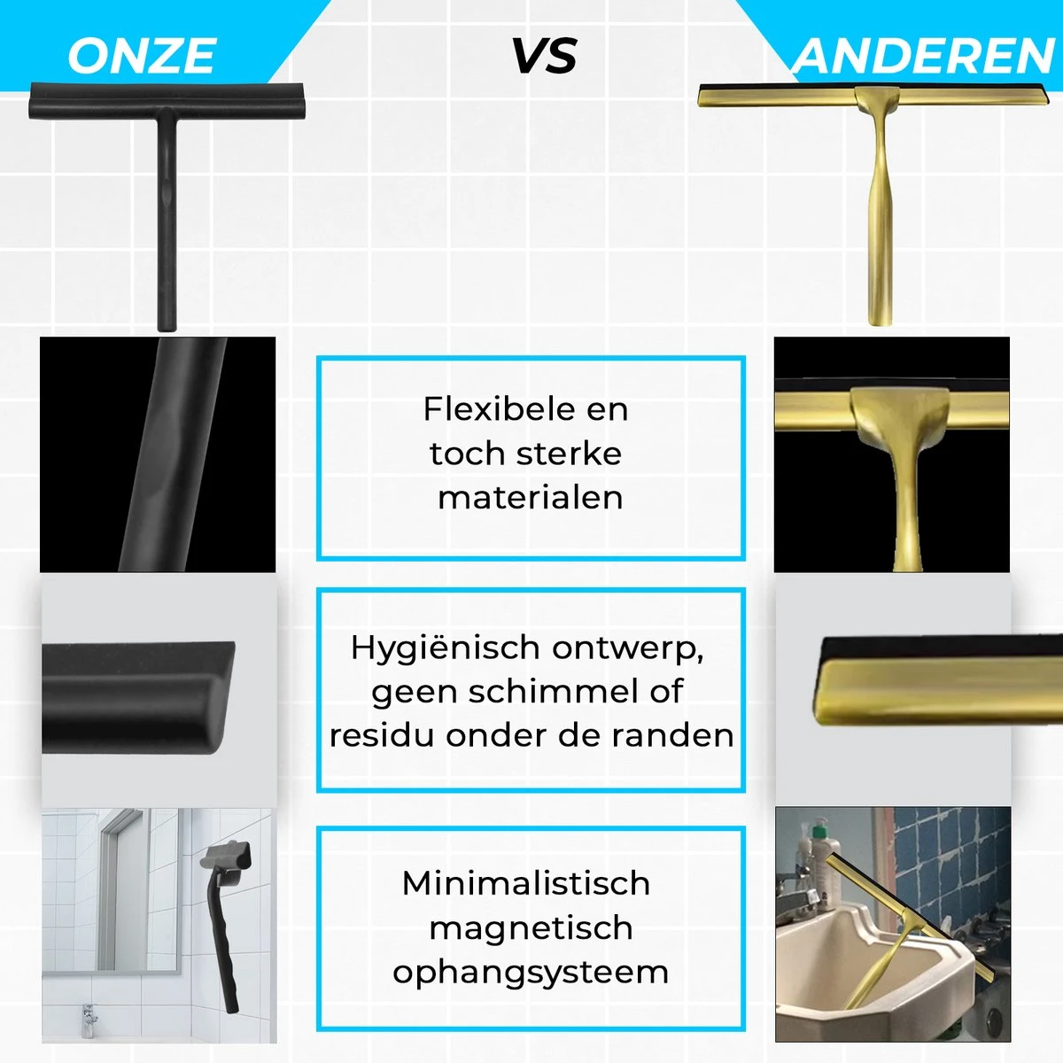 Minismus Douchewisser Met Magneethouder Ophangsysteem Zonder Boren - 21 Cm Breed - Zwart - Afbeelding 4