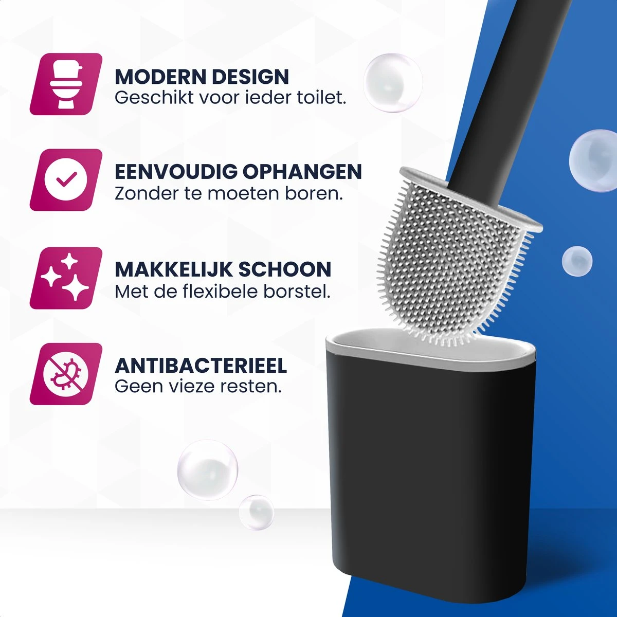 Roegaarden WC Borstel Met Houder – Toiletborstel – Siliconen – Vrijstaand En Hangend – Zwart - Afbeelding 2
